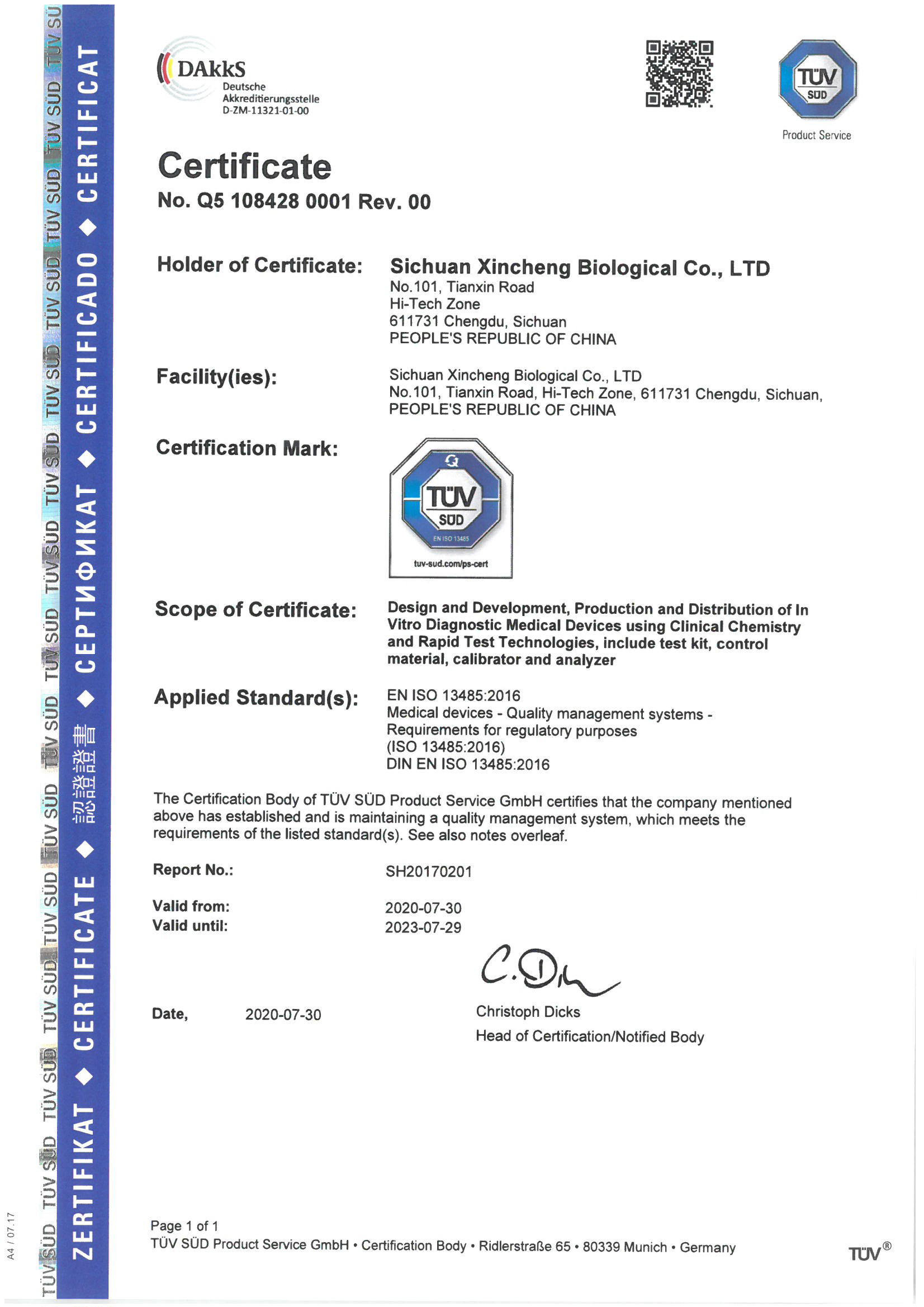 Chine Sichuan Xincheng Biological Co., Ltd. Certifications